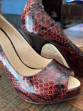 Giuseppe Zanotti Deep Red and Black Snakeskin Peep-Toe Heels